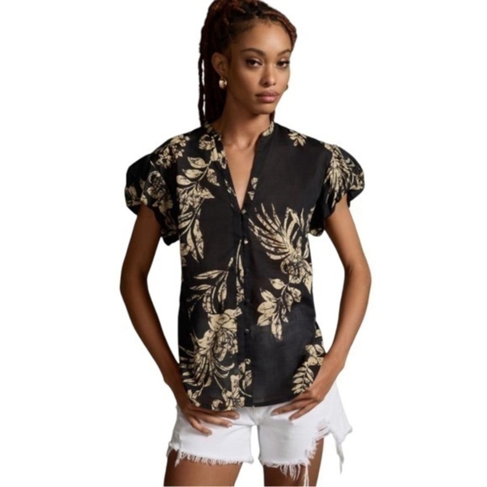 By Anthropologie Black Motif Bubble-Sleeve Blouse 💕